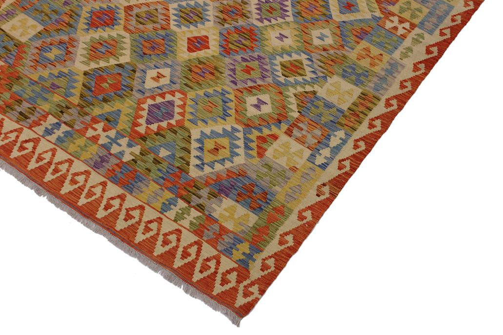 Flat Weave Kilim, Antique, Navaho, Vintage, Handmade, Geometric Kilim Rust Gold Hand-Woven Rectangle 100% Wool Area Rug 6 x 8
