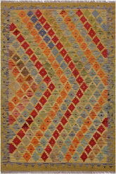 Flat Weave Kilim Antique Navaho Vintage handmade Modern Kilim Gold Gray Hand-Woven Rectangle 100% Wool Area Rug 3x5