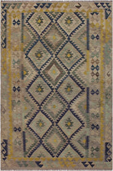 Flat Weave Kilim Antique Navaho Vintage handmade Geometric Kilim Gray Gold Hand-Woven Rectangle 100% Wool Area Rug 6x8
