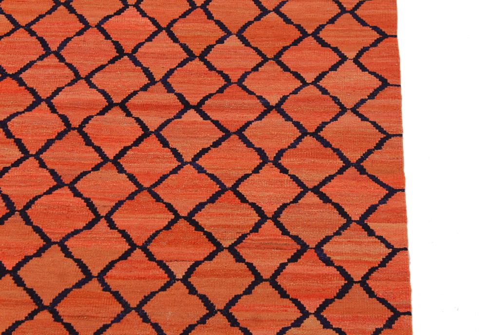 Flat Weave Kilim, Antique, Navaho, Vintage, Handmade, Modern Kilim Orange Blue Hand-Woven Rectangle 100% Wool Area Rug 5 x 7
