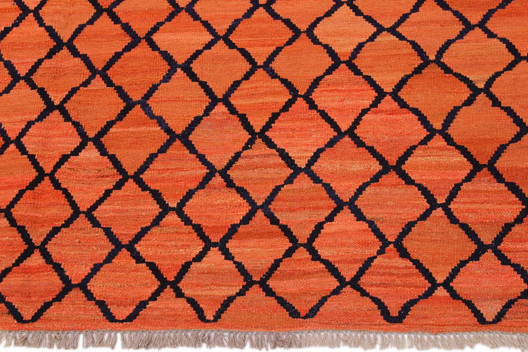 Flat Weave Kilim, Antique, Navaho, Vintage, Handmade, Modern Kilim Orange Blue Hand-Woven Rectangle 100% Wool Area Rug 5 x 7
