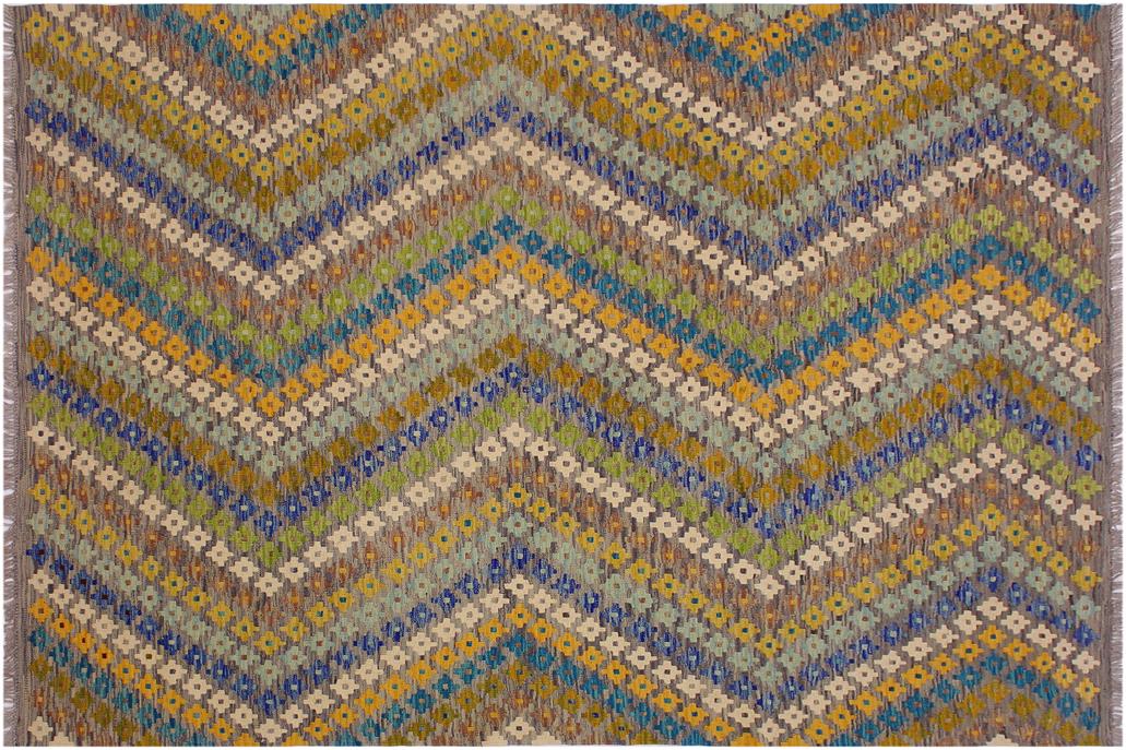 Flat Weave Kilim, Antique, Navaho, Vintage, Handmade, Modern Kilim Ivory Gray Hand-Woven Rectangle 100% Wool Area Rug 5 x 8