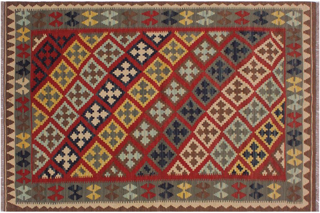 Flat Weave Kilim, Antique, Navaho, Vintage, Handmade, Geometric Kilim Red Brown Hand-Woven Rectangle 100% Wool Area Rug 4 x 5