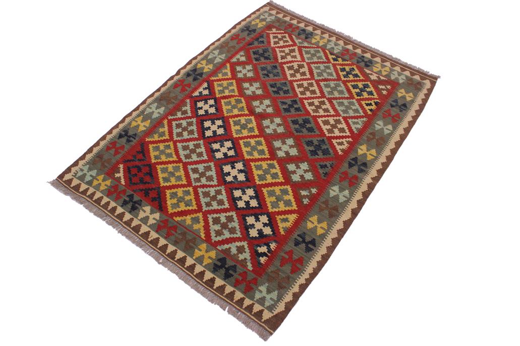 Flat Weave Kilim, Antique, Navaho, Vintage, Handmade, Geometric Kilim Red Brown Hand-Woven Rectangle 100% Wool Area Rug 4 x 5