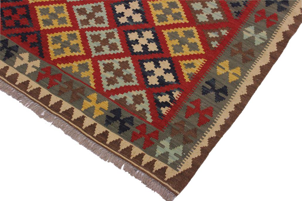 Flat Weave Kilim, Antique, Navaho, Vintage, Handmade, Geometric Kilim Red Brown Hand-Woven Rectangle 100% Wool Area Rug 4 x 5