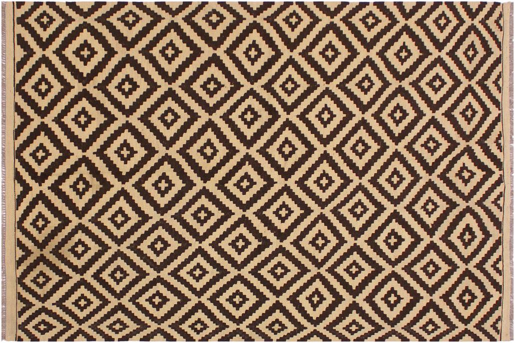 Flat Weave Kilim, Antique, Navaho, Vintage, Handmade, Modern Kilim Beige Brown Hand-Woven Rectangle 100% Wool Area Rug 4 x 7