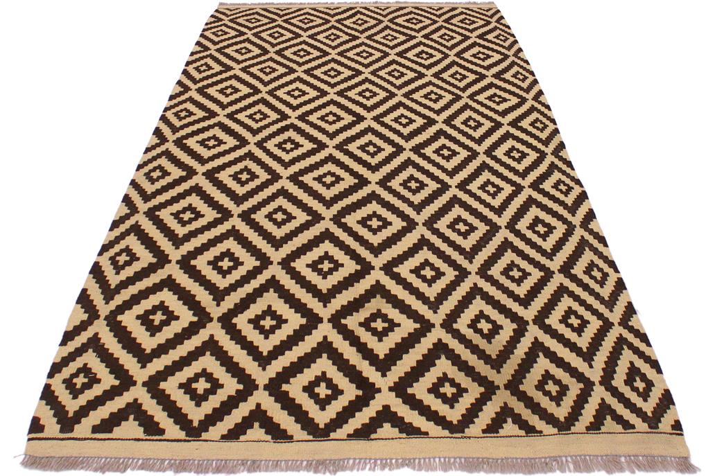 Flat Weave Kilim, Antique, Navaho, Vintage, Handmade, Modern Kilim Beige Brown Hand-Woven Rectangle 100% Wool Area Rug 4 x 7