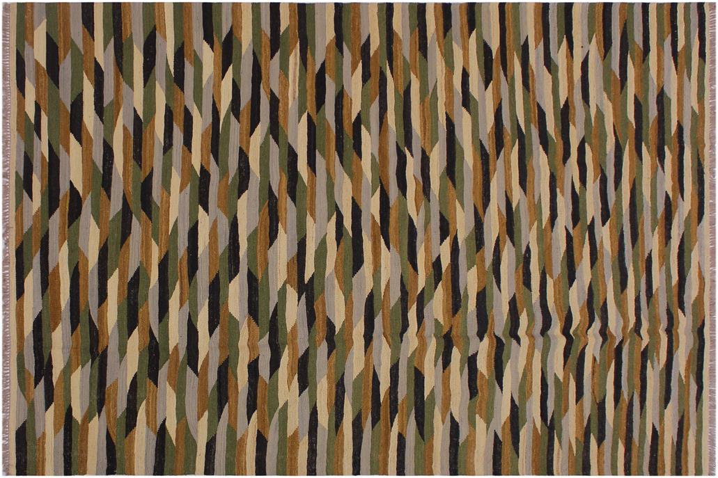 Flat Weave Kilim, Antique, Navaho, Vintage, Handmade, Modern Kilim Beige Green Hand-Woven Rectangle 100% Wool Area Rug 6 x 8