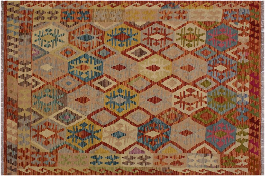 Flat Weave Kilim, Antique, Navaho, Vintage, Handmade, Geometric Kilim Beige Rust Hand-Woven Rectangle 100% Wool Area Rug 5 x 7