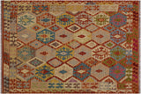 Flat Weave Kilim, Antique, Navaho, Vintage, Handmade, Geometric Kilim Beige Rust Hand-Woven Rectangle 100% Wool Area Rug 5 x 7