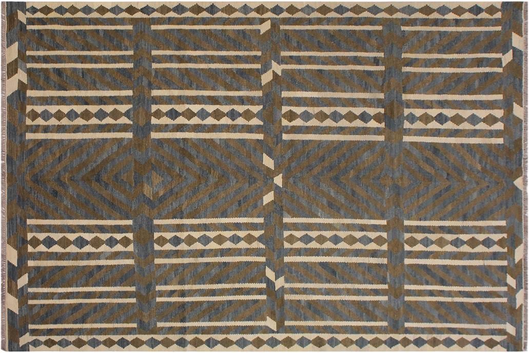 Flat Weave Kilim, Antique, Navaho, Vintage, Handmade, Modern Kilim Ivory Gray Hand-Woven Rectangle 100% Wool Area Rug 7 x 10
