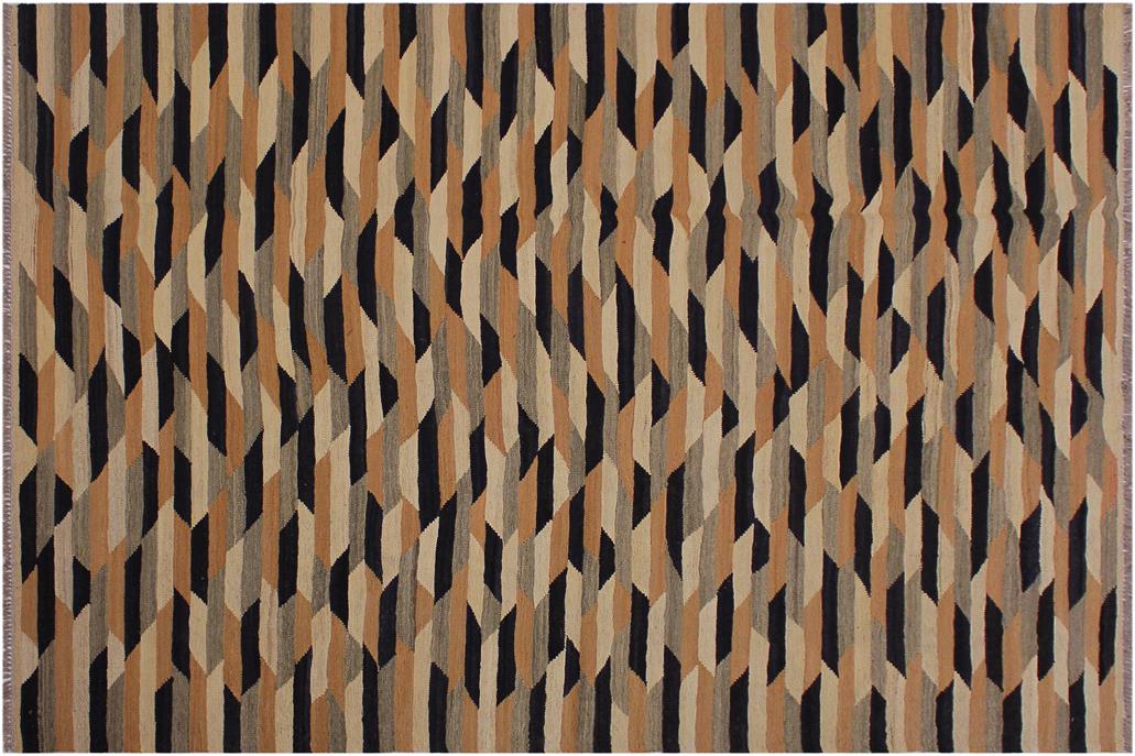 Flat Weave Kilim, Antique, Navaho, Vintage, Handmade, Modern Kilim Tan Black Hand-Woven Rectangle 100% Wool Area Rug 6 x 8