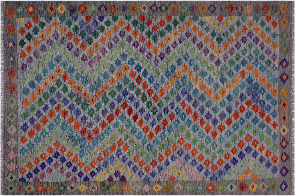 Flat Weave Kilim, Antique, Navaho, Vintage, Handmade, Modern Kilim Blue Gray Hand-Woven Rectangle 100% Wool Area Rug 6 x 8