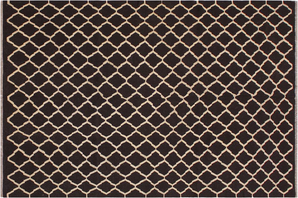 Flat Weave Kilim, Antique, Navaho, Vintage, Handmade, Modern Kilim Black Ivory Hand-Woven Rectangle 100% Wool Area Rug 7 x 10