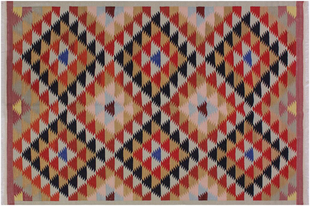 Flat Weave Kilim, Antique, Navaho, Vintage, Handmade, Modern Kilim Pink Rust Hand-Woven Rectangle 100% Wool Area Rug 5 x 7