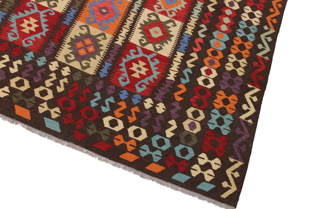 Flat Weave Kilim, Antique, Navaho, Vintage, Handmade, Geometric Kilim Brown Rust Hand-Woven Rectangle 100% Wool Area Rug 8 x 10