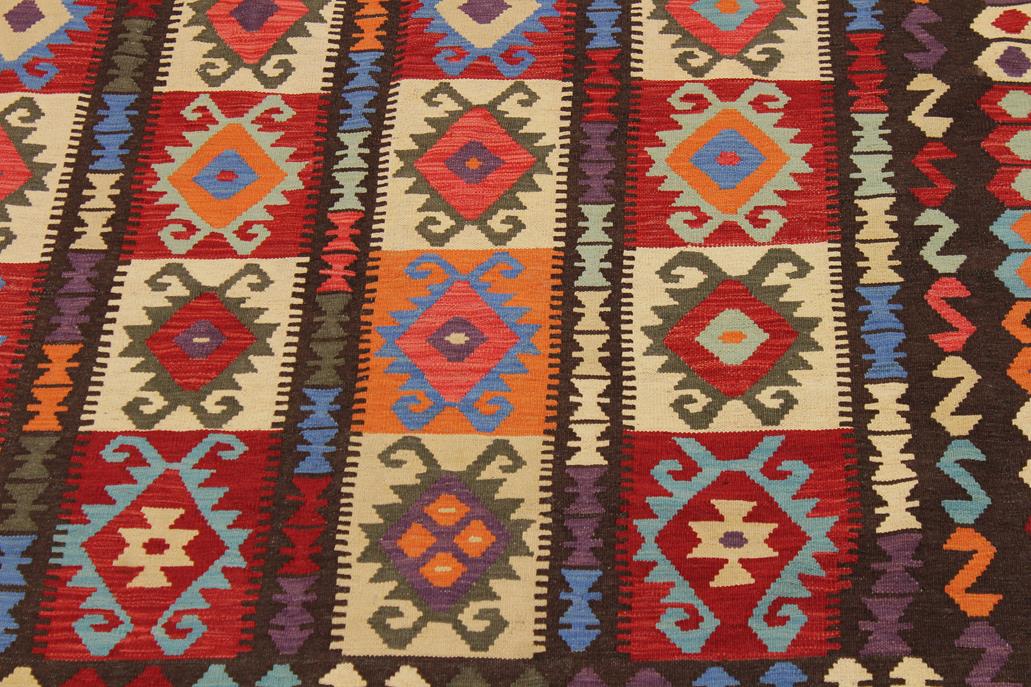 Flat Weave Kilim, Antique, Navaho, Vintage, Handmade, Geometric Kilim Brown Rust Hand-Woven Rectangle 100% Wool Area Rug 8 x 10