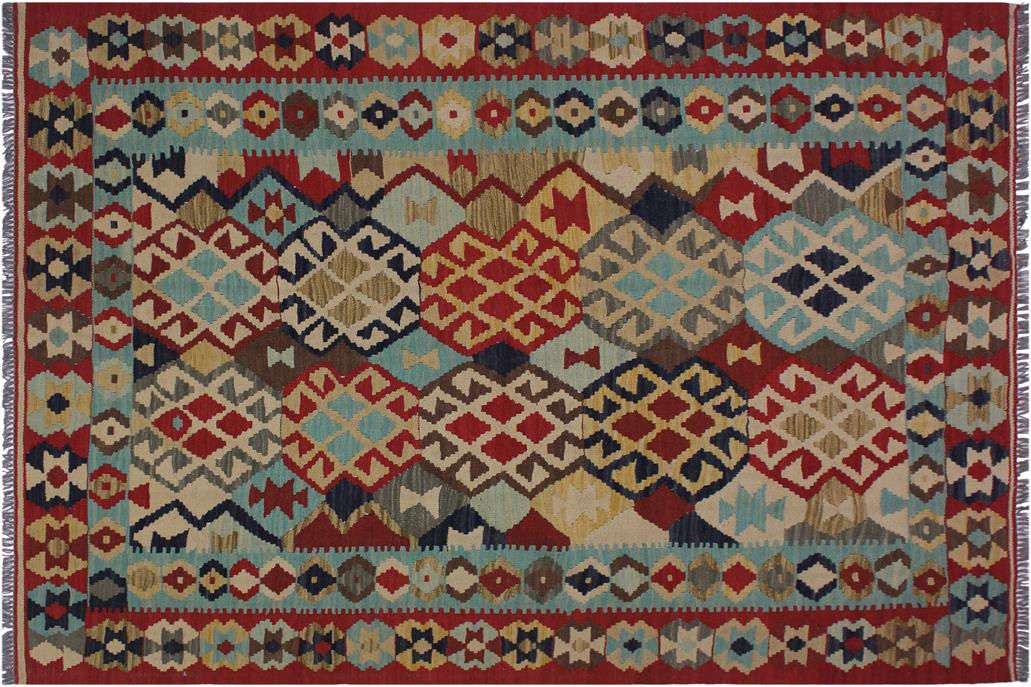 Flat Weave Kilim, Antique, Navaho, Vintage, Handmade, Geometric Kilim Beige Red Hand-Woven Rectangle 100% Wool Area Rug 5 x 7