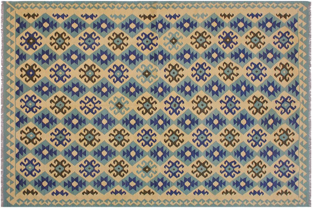 Flat Weave Kilim, Antique, Navaho, Vintage, Handmade, Modern Kilim Beige Blue Hand-Woven Rectangle 100% Wool Area Rug 7 x 10