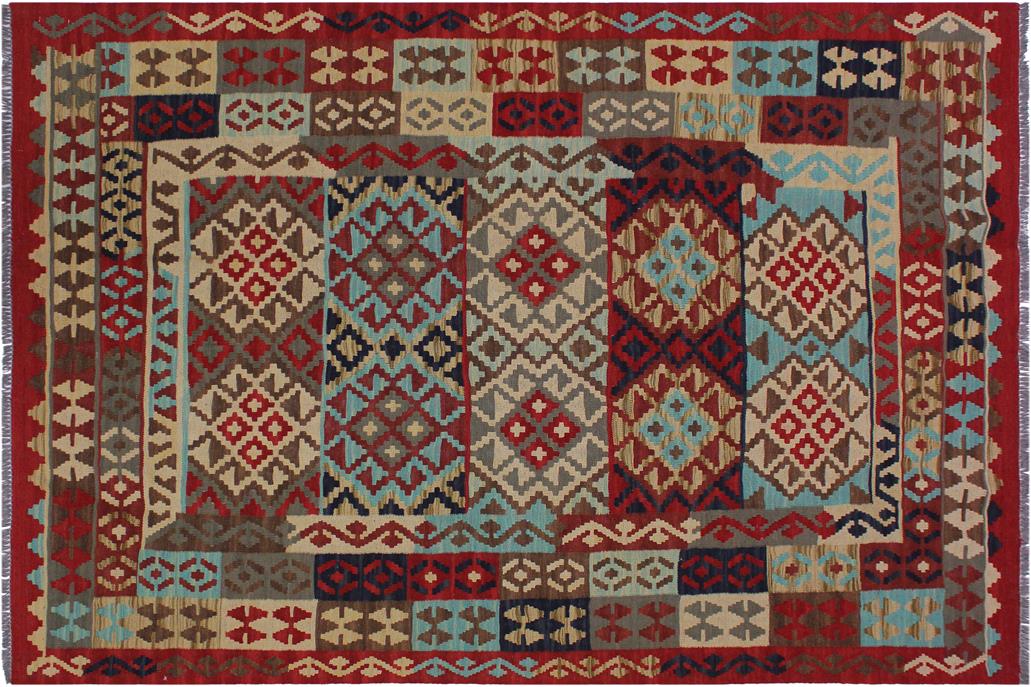 Flat Weave Kilim, Antique, Navaho, Vintage, Handmade, Geometric Kilim Red Tan Hand-Woven Rectangle 100% Wool Area Rug 5 x 7