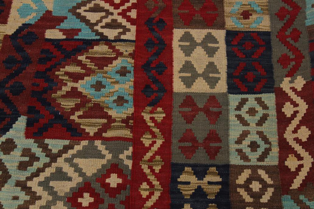 Flat Weave Kilim, Antique, Navaho, Vintage, Handmade, Geometric Kilim Red Tan Hand-Woven Rectangle 100% Wool Area Rug 5 x 7