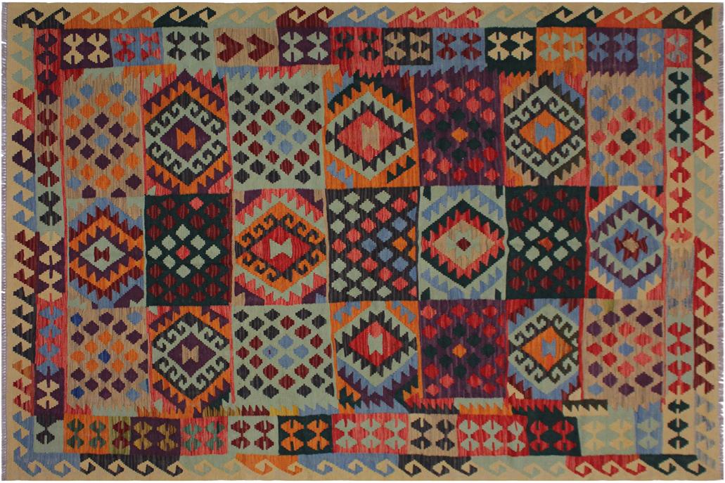 Flat Weave Kilim, Antique, Navaho, Vintage, Handmade, Geometric Kilim Beige Blue Hand-Woven Rectangle 100% Wool Area Rug 6 x 8