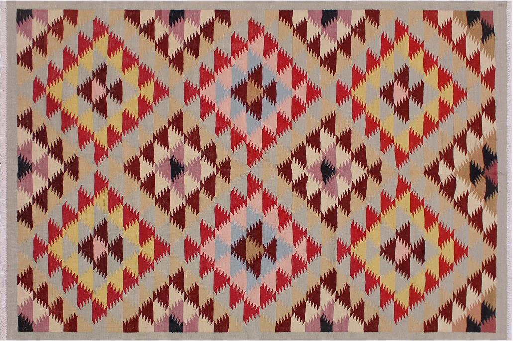 Flat Weave Kilim, Antique, Navaho, Vintage, Handmade, Modern Kilim Gray Red Hand-Woven Rectangle 100% Wool Area Rug 5 x 6