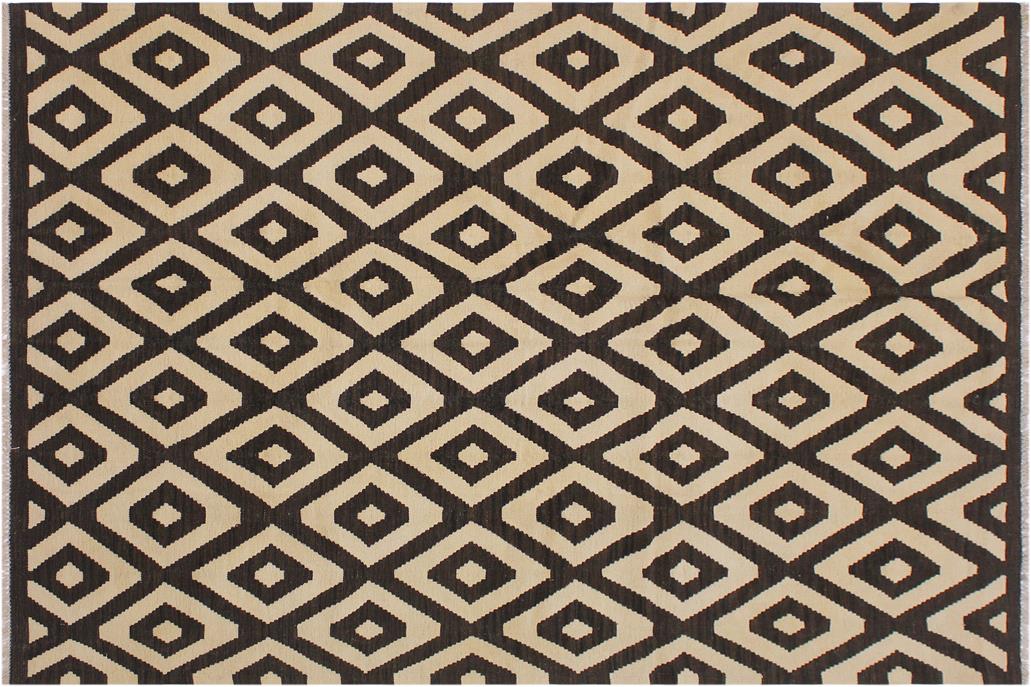 Flat Weave Kilim, Antique, Navaho, Vintage, Handmade, Modern Kilim Black Ivory Hand-Woven Rectangle 100% Wool Area Rug 6 x 8