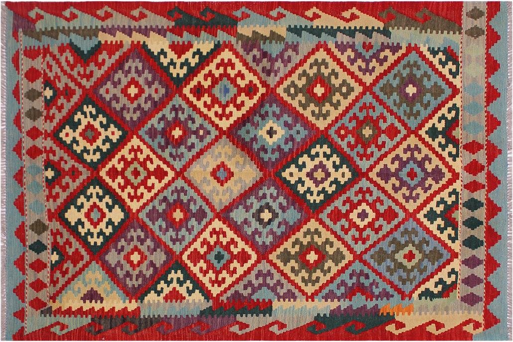 Flat Weave Kilim, Antique, Navaho, Vintage, Handmade, Geometric Kilim Red Beige Hand-Woven Rectangle 100% Wool Area Rug 4 x 6