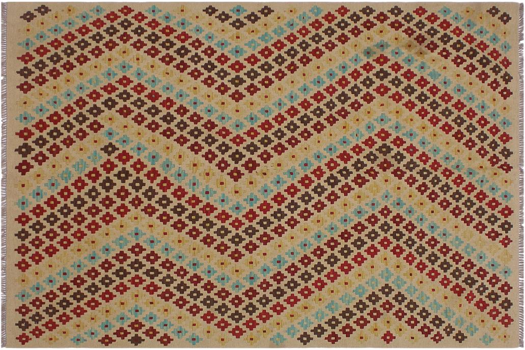 Flat Weave Kilim, Antique, Navaho, Vintage, Handmade, Modern Kilim Tan Red Hand-Woven Rectangle 100% Wool Area Rug 5 x 7
