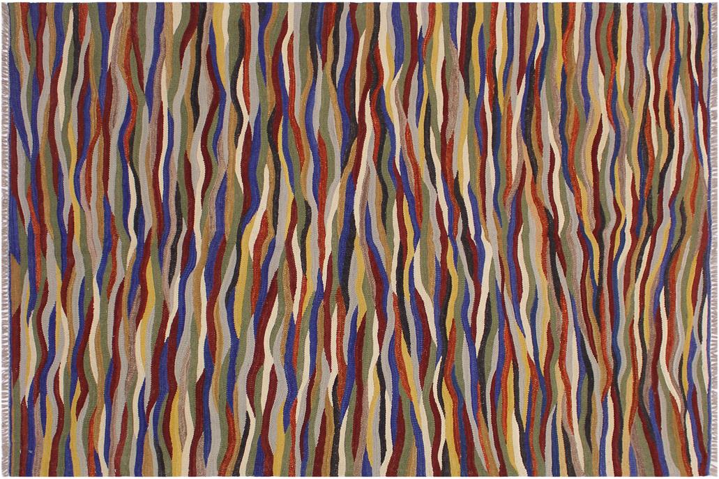 Flat Weave Kilim, Antique, Navaho, Vintage, Handmade, Modern Kilim Red Blue Hand-Woven Rectangle 100% Wool Area Rug 5 x 7