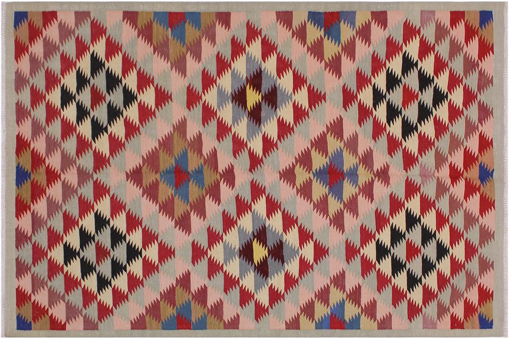 Flat Weave Kilim, Antique, Navaho, Vintage, Handmade, Modern Kilim Gray Pink Hand-Woven Rectangle 100% Wool Area Rug 5 x 6