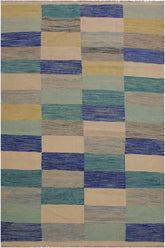 Flat Weave Kilim Antique Navaho Vintage handmade Modern Kilim Ivory Blue Hand-Woven Rectangle 100% Wool Area Rug 5x8