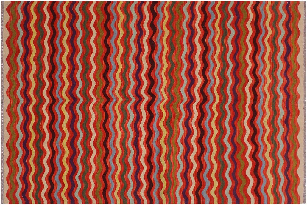 Flat Weave Kilim, Antique, Navaho, Vintage, Handmade, Modern Kilim Rust Beige Hand-Woven Rectangle 100% Wool Area Rug 5 x 6