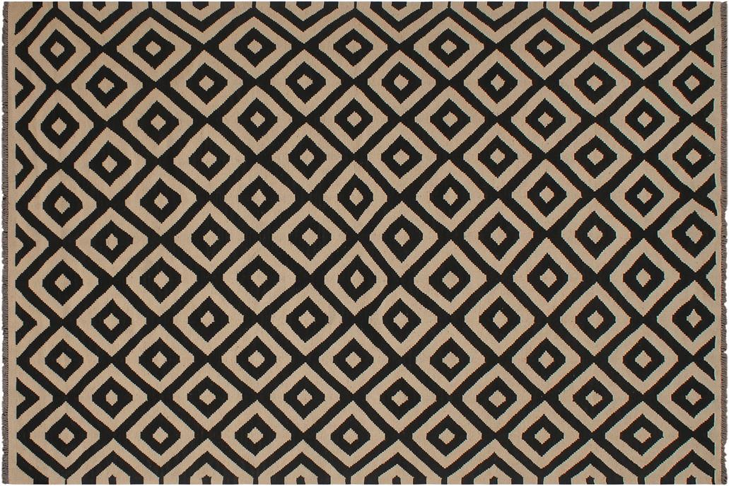 Flat Weave Kilim, Antique, Navaho, Vintage, Handmade, Modern Kilim Beige Black Hand-Woven Rectangle 100% Wool Area Rug 7 x 10