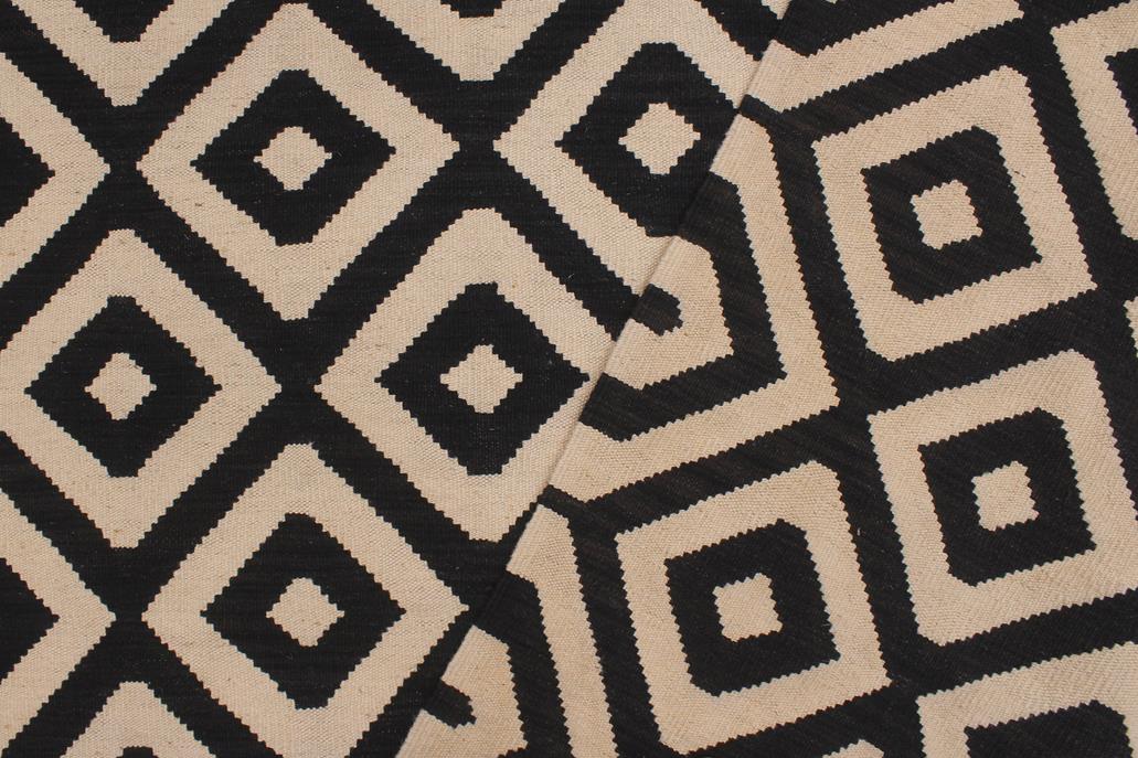Flat Weave Kilim, Antique, Navaho, Vintage, Handmade, Modern Kilim Beige Black Hand-Woven Rectangle 100% Wool Area Rug 7 x 10