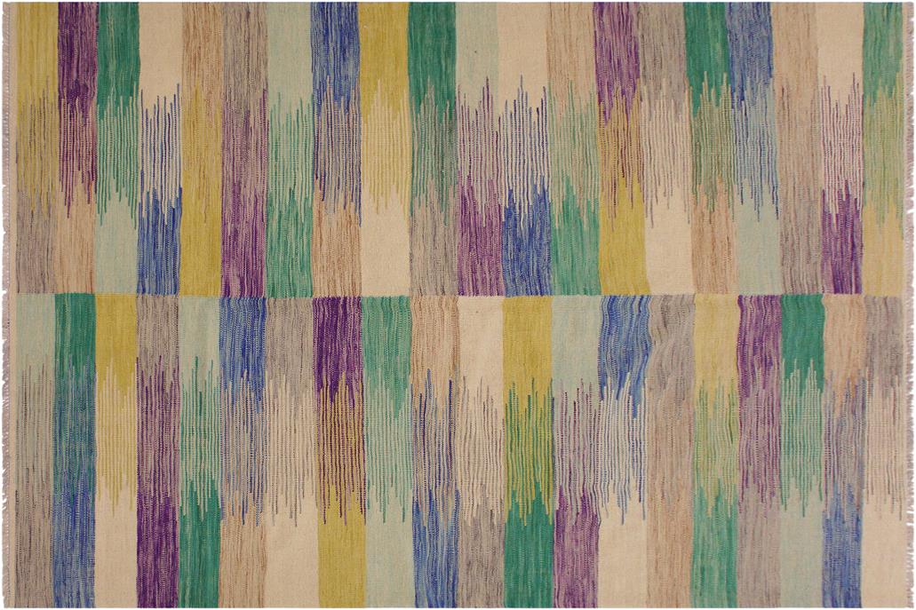 Flat Weave Kilim, Antique, Navaho, Vintage, Handmade, Modern Kilim Ivory Purple Hand-Woven Rectangle 100% Wool Area Rug 6 x 8