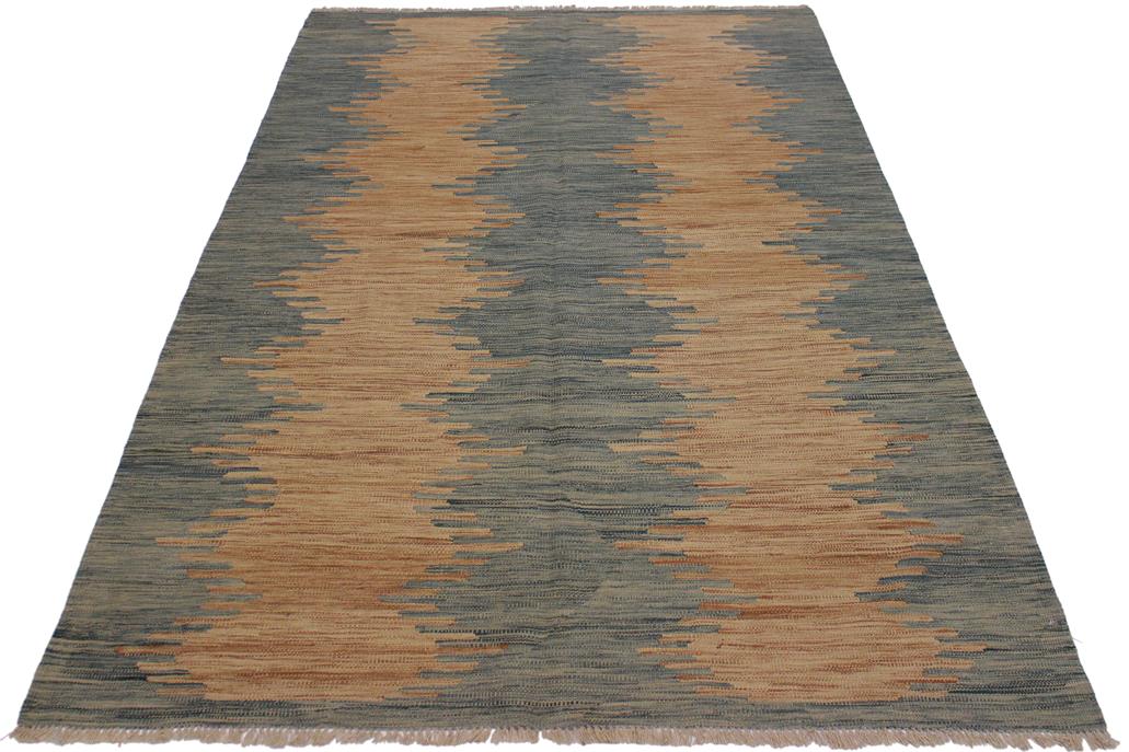 Flat Weave Kilim, Antique, Navaho, Vintage, Handmade, Modern Kilim Grey Blue Hand-Woven Rectangle 100% Wool Area Rug 6 x 8