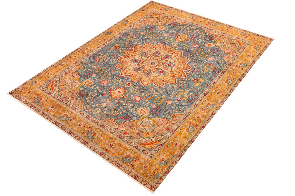 handmade Vintage Hand Painte Blue Yellow Hand Knotted RECTANGLE 100% WOOL area rug 10X12