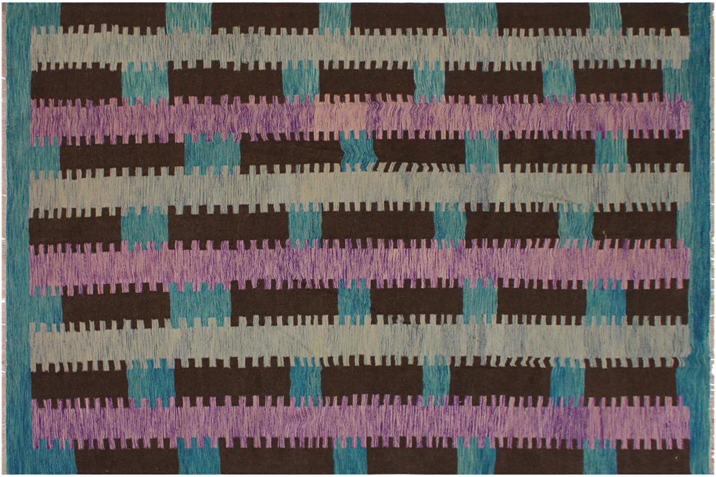 Flat Weave Kilim, Antique, Navaho, Vintage, Handmade, Modern Kilim Teal Brown Hand-Woven Rectangle 100% Wool Area Rug 9 x 10