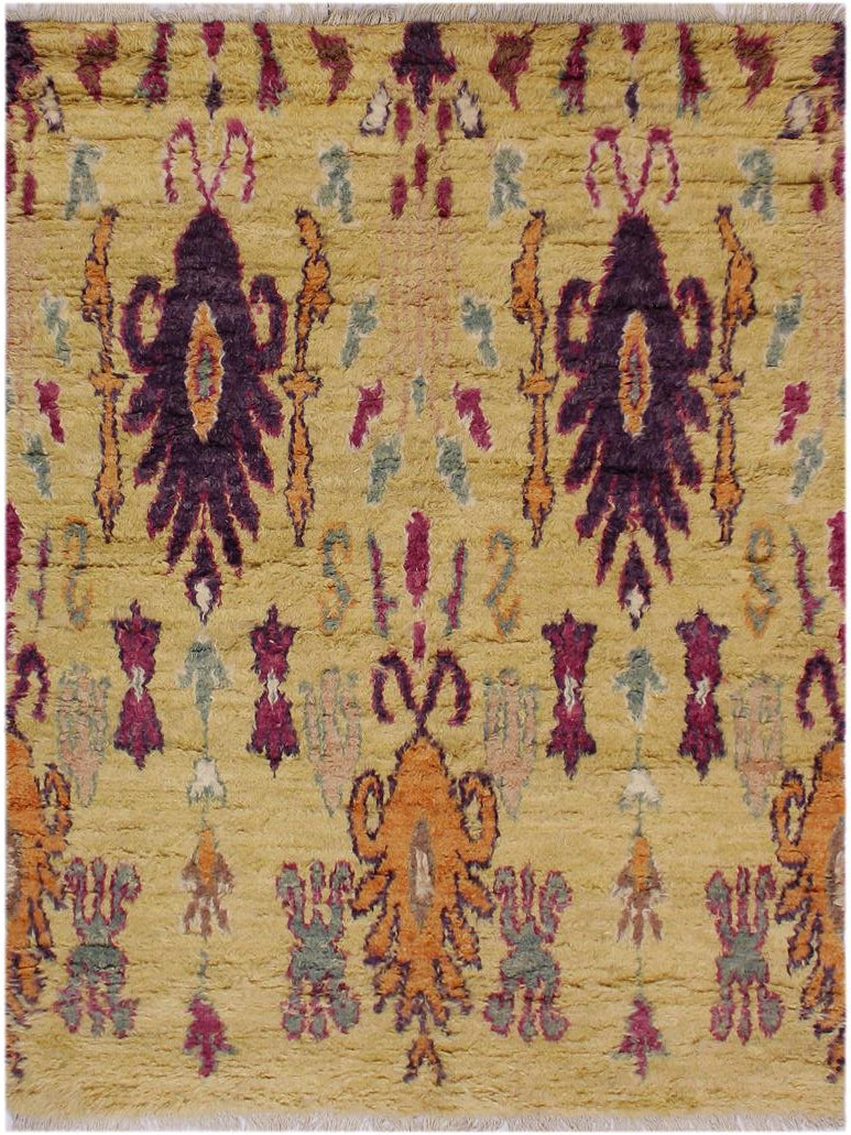 handmade Modern Moroccan Lt. Gold Purple Hand Knotted RECTANGLE 100% WOOL area rug 5x8