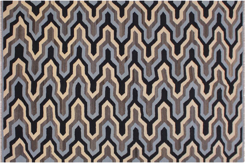 Flat Weave Kilim, Antique, Navaho, Vintage, Handmade, Modern Kilim Ivory Blue Hand-Woven Rectangle 100% Wool Area Rug 6 x 8
