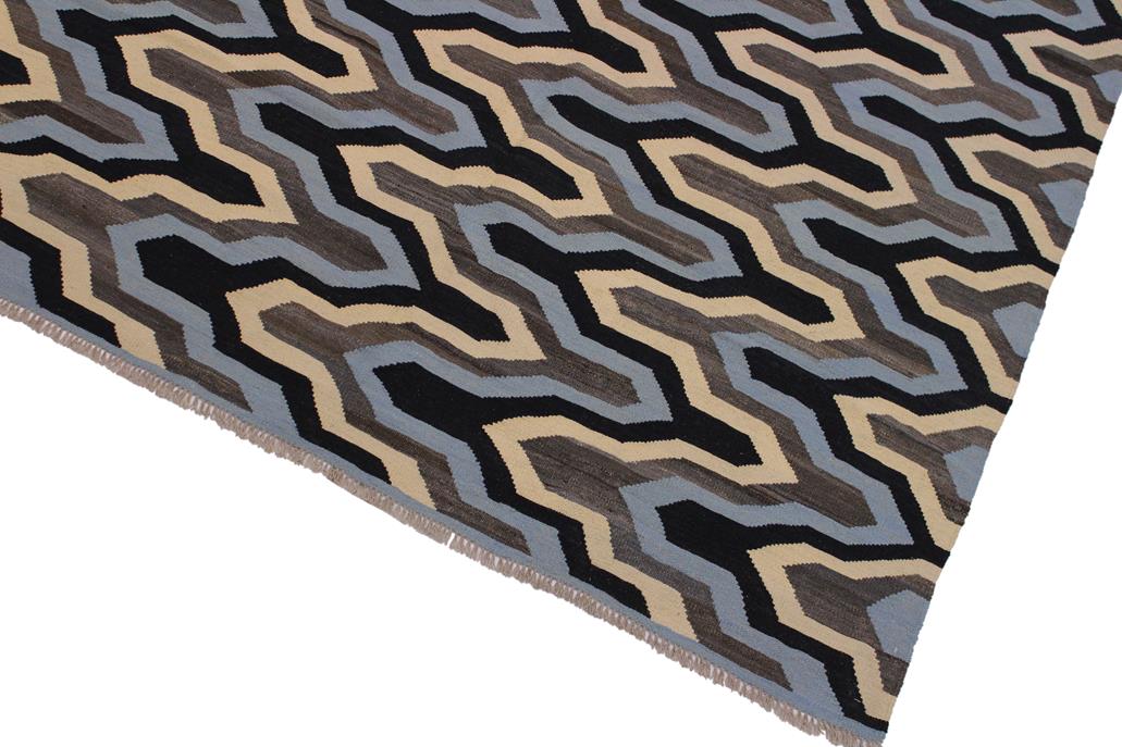Flat Weave Kilim, Antique, Navaho, Vintage, Handmade, Modern Kilim Ivory Blue Hand-Woven Rectangle 100% Wool Area Rug 6 x 8