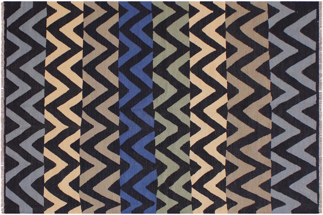 Flat Weave Kilim, Antique, Navaho, Vintage, Handmade, Modern Kilim Black Ivory Hand-Woven Rectangle 100% Wool Area Rug 5 x 7