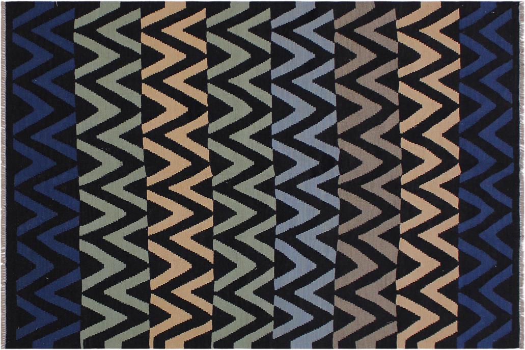 Flat Weave Kilim, Antique, Navaho, Vintage, Handmade, Modern Kilim Black Blue Hand-Woven Rectangle 100% Wool Area Rug 5 x 7