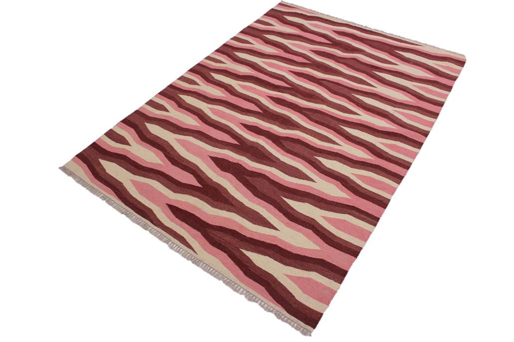 Flat Weave Kilim, Antique, Navaho, Vintage, Handmade, Modern Kilim Ivory Pink Hand-Woven Rectangle 100% Wool Area Rug 4 x 6