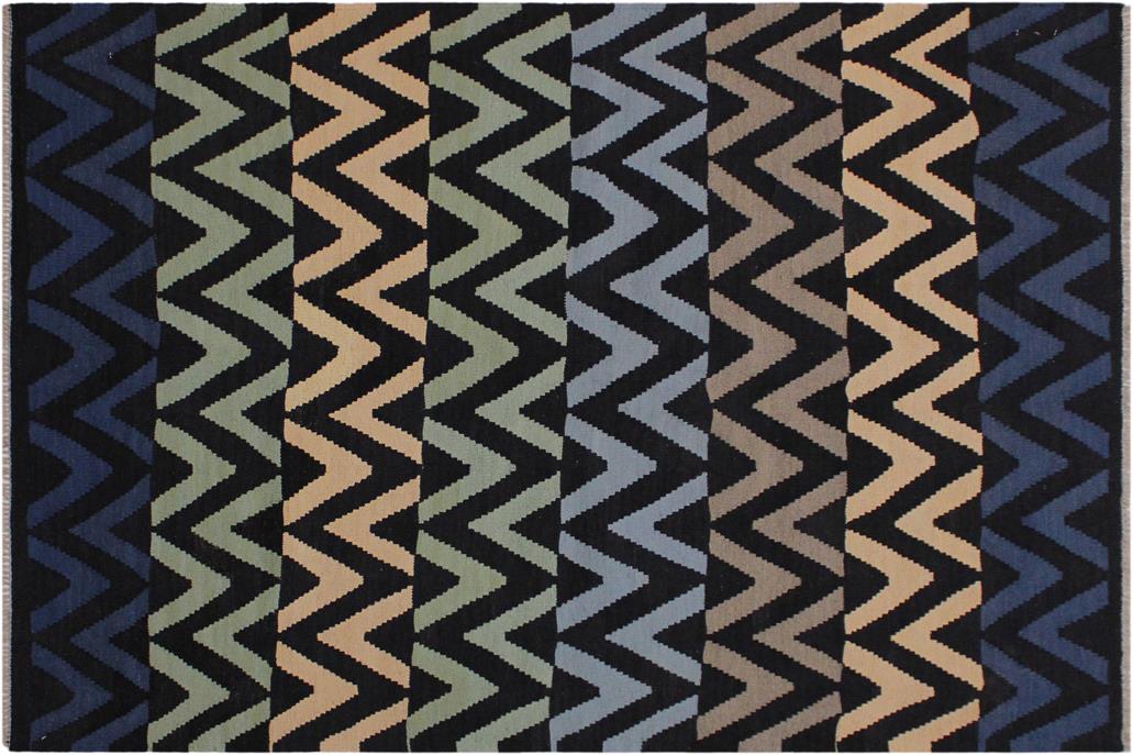 Flat Weave Kilim, Antique, Navaho, Vintage, Handmade, Modern Kilim Black Blue Hand-Woven Rectangle 100% Wool Area Rug 4 x 6