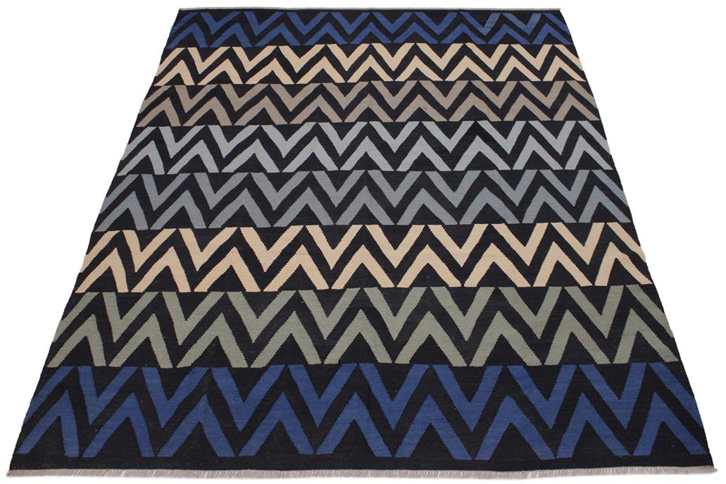 Flat Weave Kilim, Antique, Navaho, Vintage, Handmade, Modern Kilim Black Ivory Hand-Woven Rectangle 100% Wool Area Rug 8 x 10