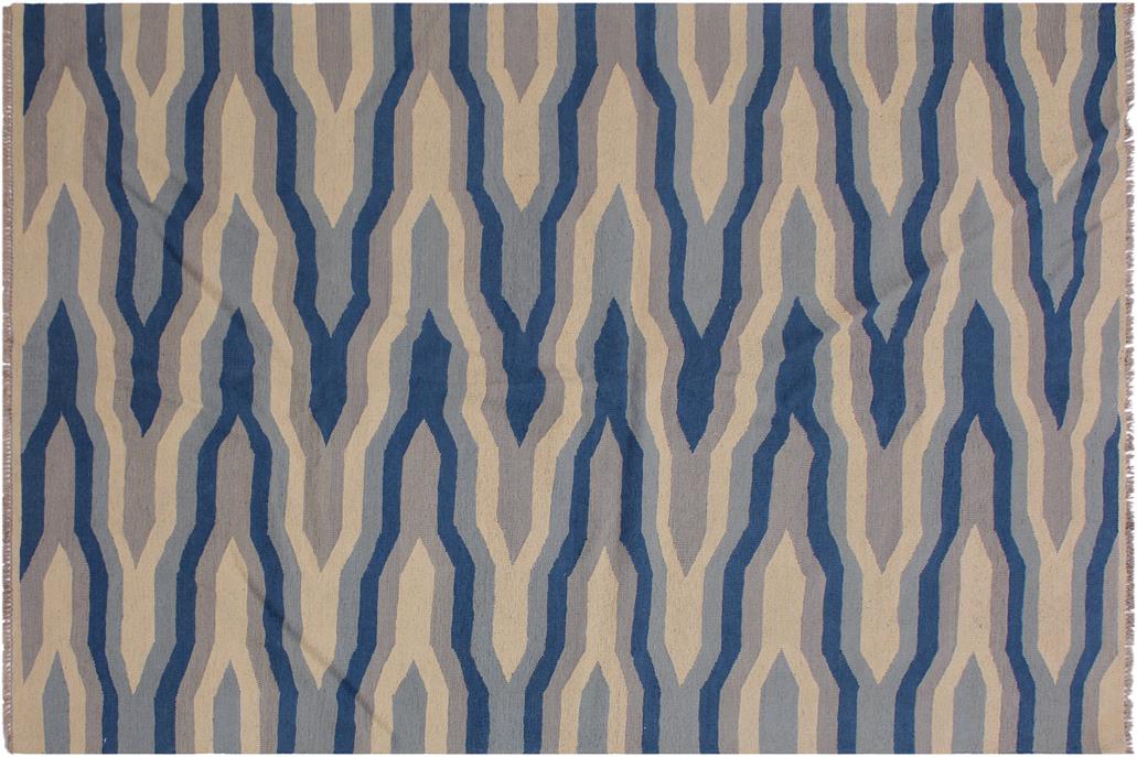 Flat Weave Kilim, Antique, Navaho, Vintage, Handmade, Modern Kilim Ivory Blue Hand-Woven Rectangle 100% Wool Area Rug 5 x 7