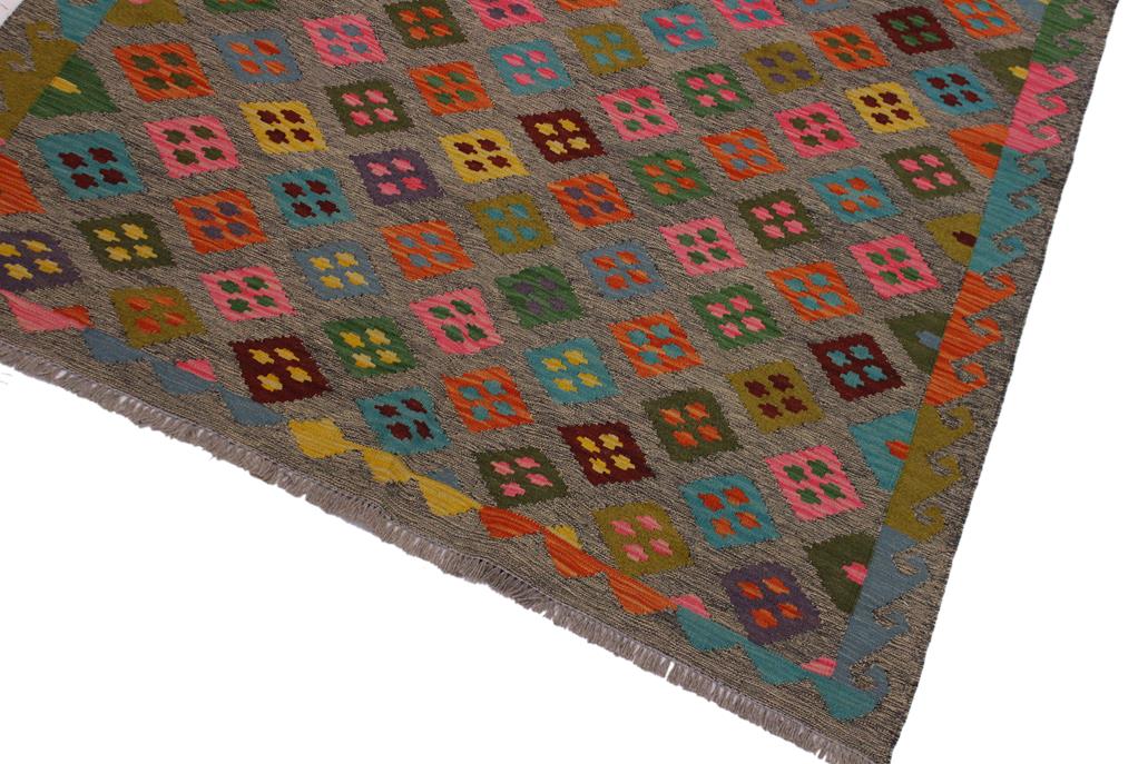 Flat Weave Kilim, Antique, Navaho, Vintage, Handmade, Modern Kilim Grey Pink Hand-Woven Rectangle 100% Wool Area Rug 5 x 7